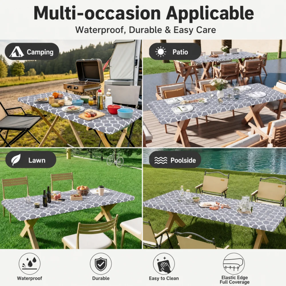 Camp Table Folding - 長方形テーブルクロスカバー、ポリエステル製伸縮性テーブルクロス、6フィートの折りたたみテーブルに適合、ピクニック、キャンプ、アウトドアに最適