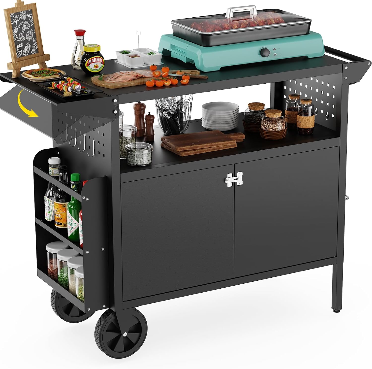 Camp Table Folding - 屋外グリルカートテーブル、収納付きキッチンアイランド、ホイール付き折りたたみ式テーブルトップ、バーベキュー用食品準備ステーション、頑丈な金属グリドルカウンタートップ、パティオやキャンプ用