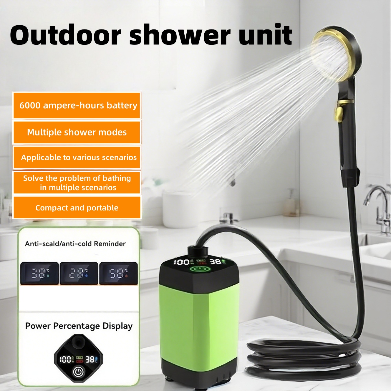 Outdoor Camping Accessories - ポータブル屋外電気シャワーユニット、長時間バッテリー駆動、キャンプ、浴室、建設現場での使用に最適。