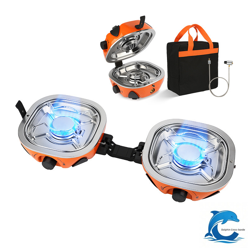 Outdoor Camping Burner - 2026年新型ダブルヘッドカセットストーブ 磁気折りたたみ式シェル キャンプストーブ ポータブル分割式ハイパワー屋外ガスバーナー