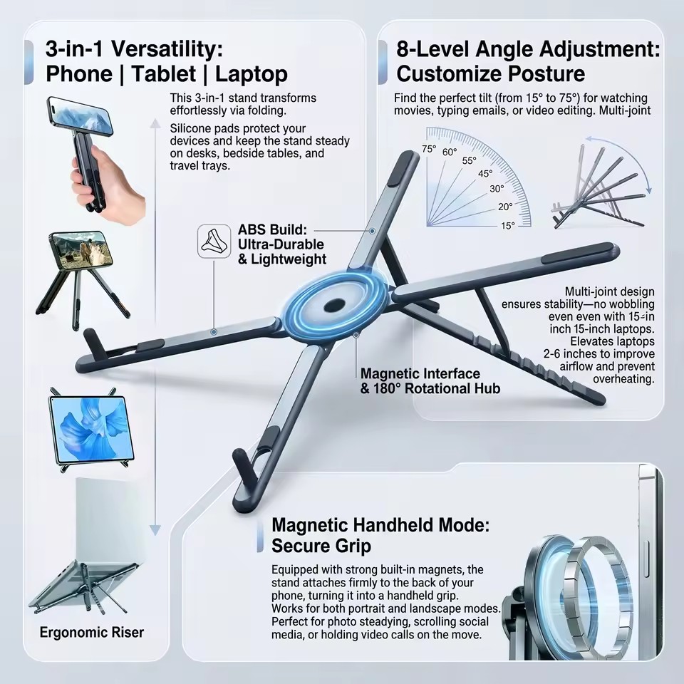Camp Table Folding - ポータブルマグネット式スマホホルダー＆自撮り棒 3-in-1 折りたたみ式三脚スタンド iPhone、iPad、タブレット、ノートパソコン、デスクトップ用