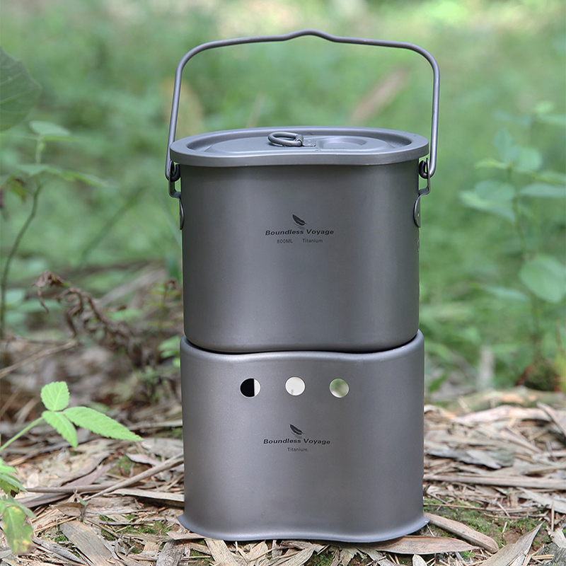 Outdoor Camping Wood Stove - 無限の航海-チタン調理器具セット、屋外キャンプハンギングポット、薪ストーブ、2 in 1食堂カップ、0.8 l木炭炉、調理器