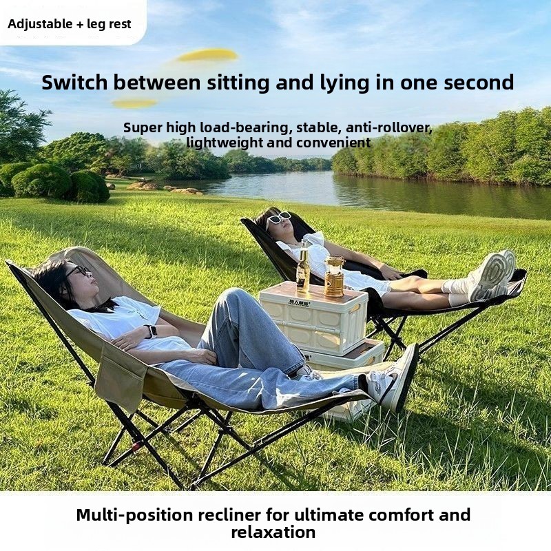 Outdoor Camping High Chair - 4つの調節可能な脚置き付きムーンチェア、キャンプ用折りたたみ椅子、釣り用椅子、ラウンジチェア、屋外用折りたたみ椅子、スツール、ハイバック