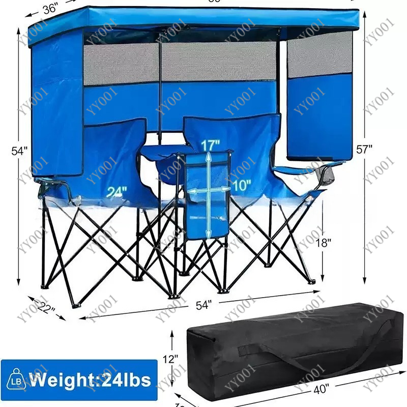 Outdoor Camping Folding Chair - ポータブルダブル折りたたみキャンプチェア（サンシェード＆アイスバッグ付き）屋外ピクニック釣り用シート