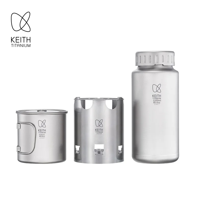 Outdoor Camping Wood Stove - KEITH 純チタン製ネスティングキャンプセット 1200ml ウォーターボトル + 650ml