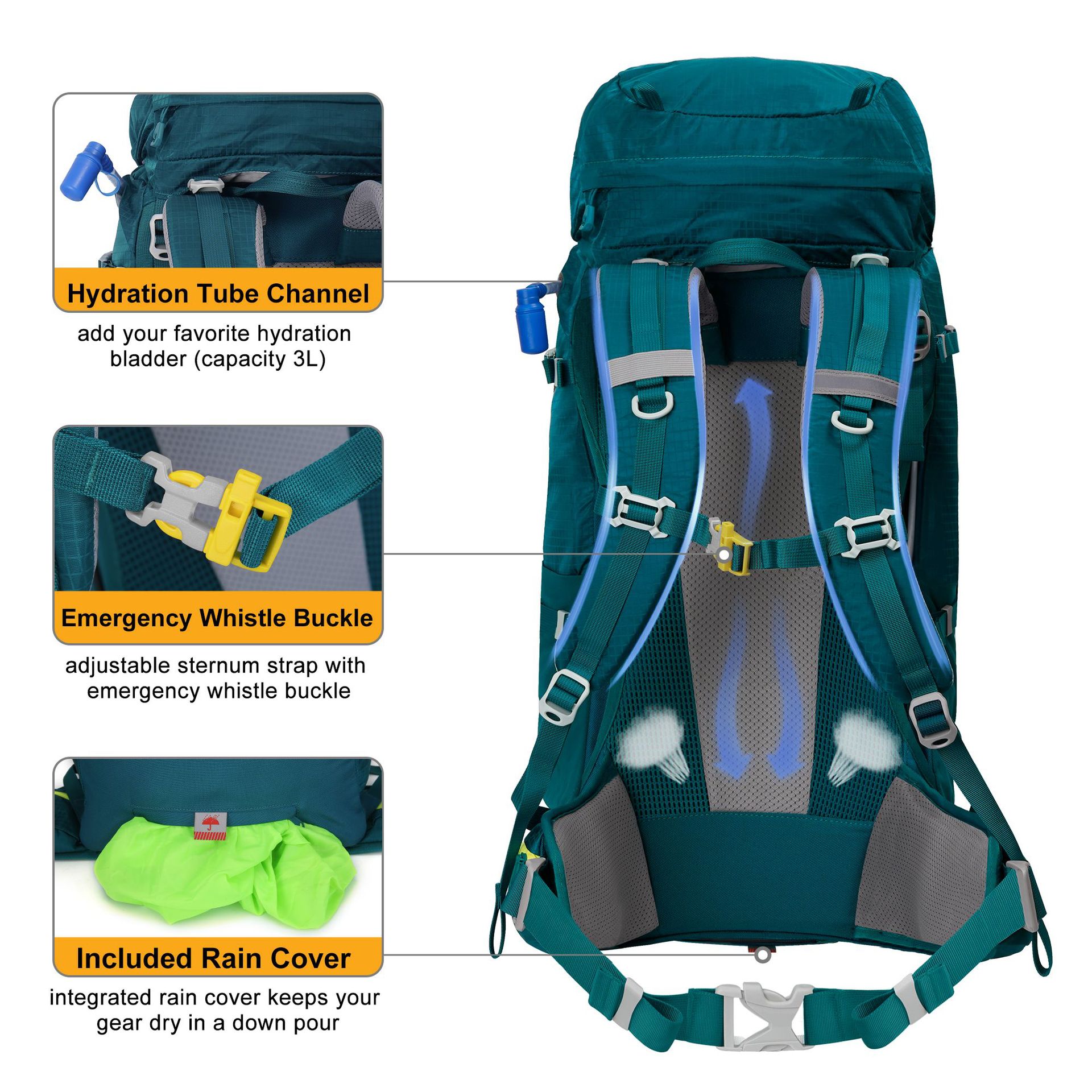 ナイロン製軽量アウトドアハイキングバッグ、耐久性のある多機能 - Lightweight Backpack 65L のレビューと価格